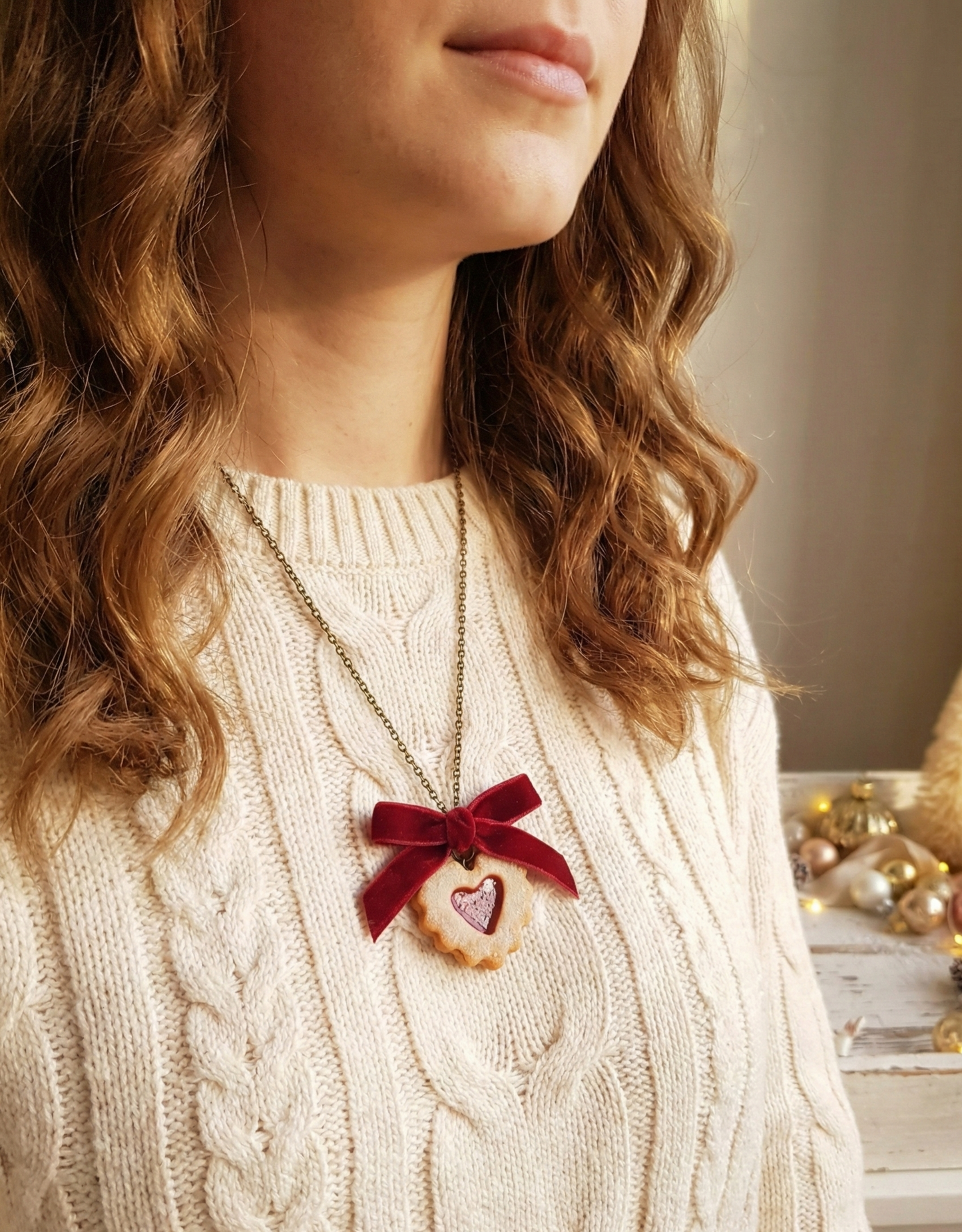 Scented Heart Shaped Linzer Cookie Necklace- Red Bow