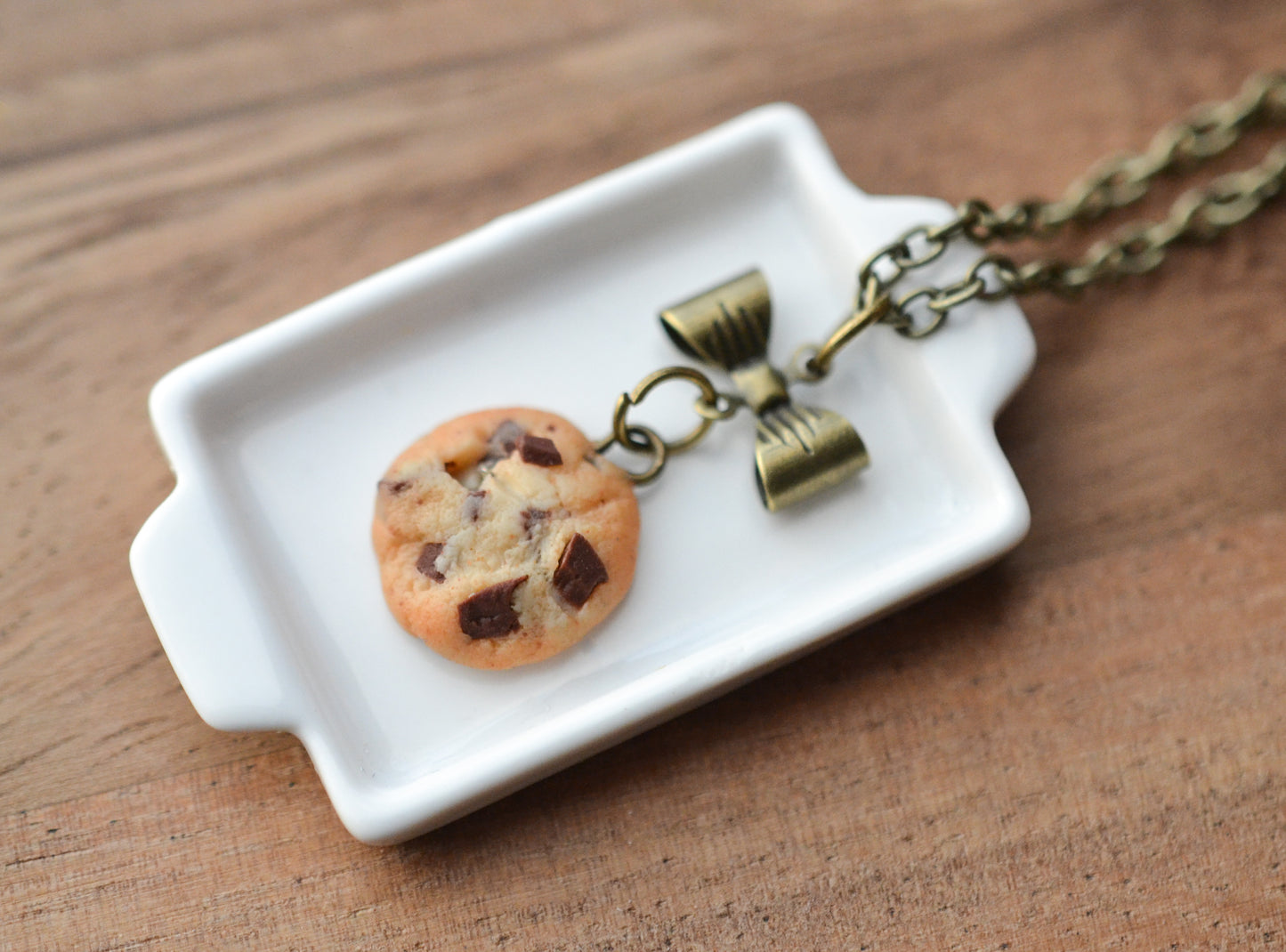 Scented Chocolate Chip Cookie Antique Bronze Bow Necklace - Decadent Minis