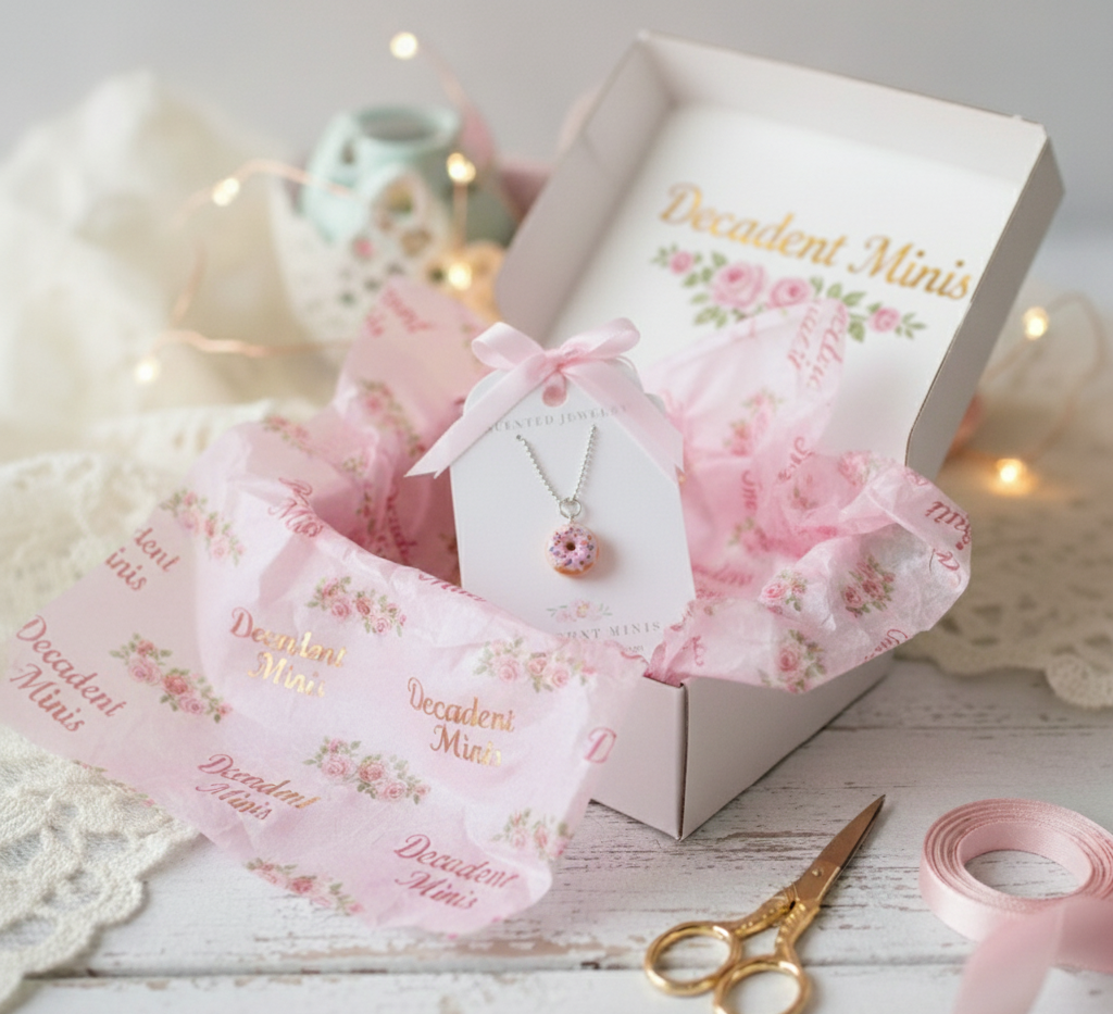Decorative box with a donut necklace and pink ribbon on a wooden surface.