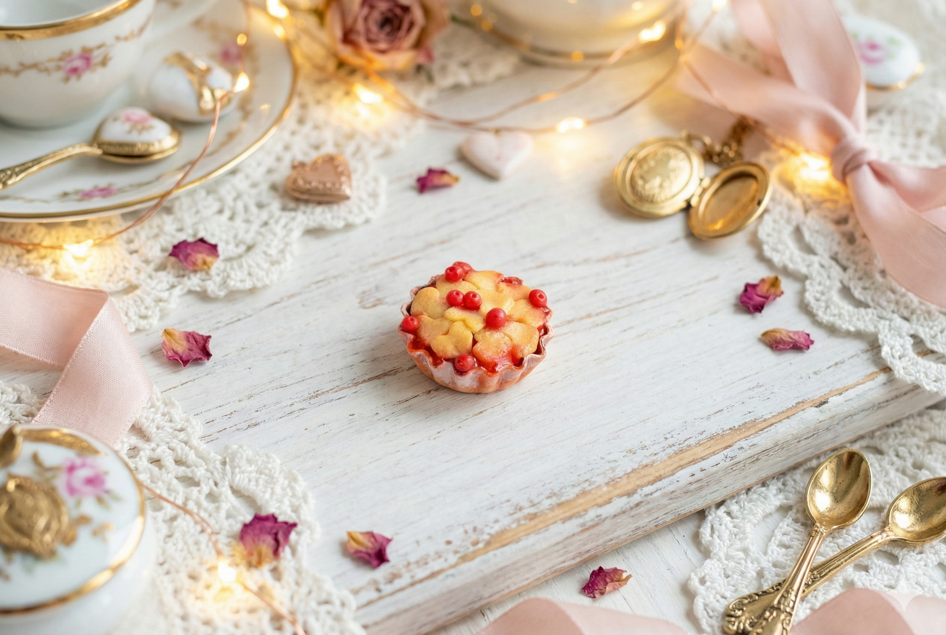 Tea set with a small cherry pie on a wooden surface, surrounded by decorative elements.