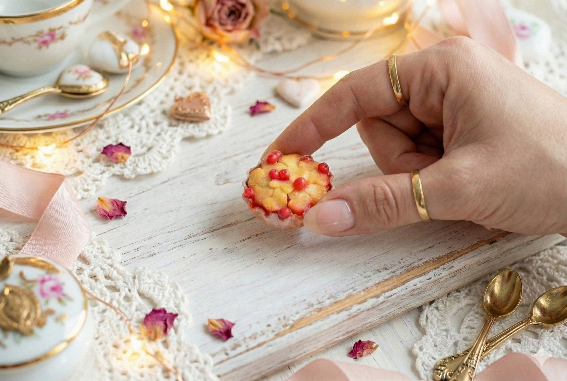 Hand holding a small cherry pie miniature with red berries on a decorative table setting with teacups and spoons.