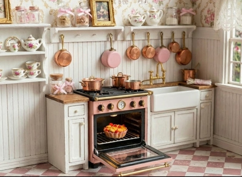 cherry pie miniature in a Vintage-style kitchen with copper appliances and floral wallpaper