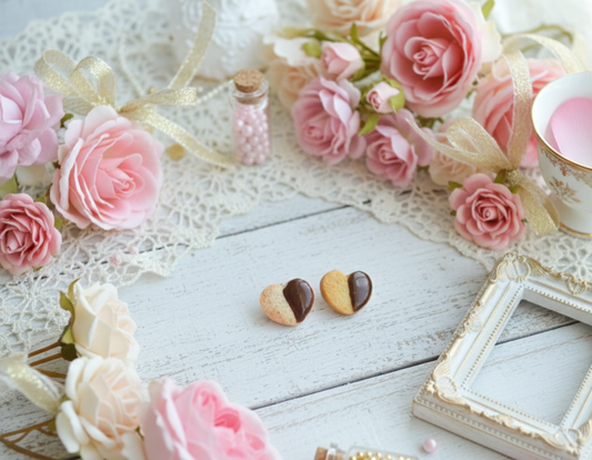 chocolate dipped shortbread cookie in a Decorative setting with pink flowers, a small frame, and chocolate candies on a white wooden surface.
