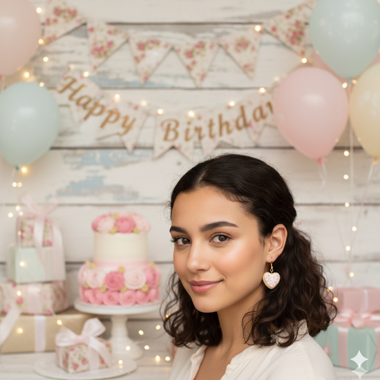 Woman in a birthday setting with balloons, cake, and 'Happy Birthday' banner.