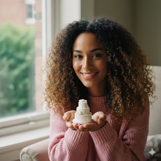 Woman holding a small white cake model indoors with a window in the background
