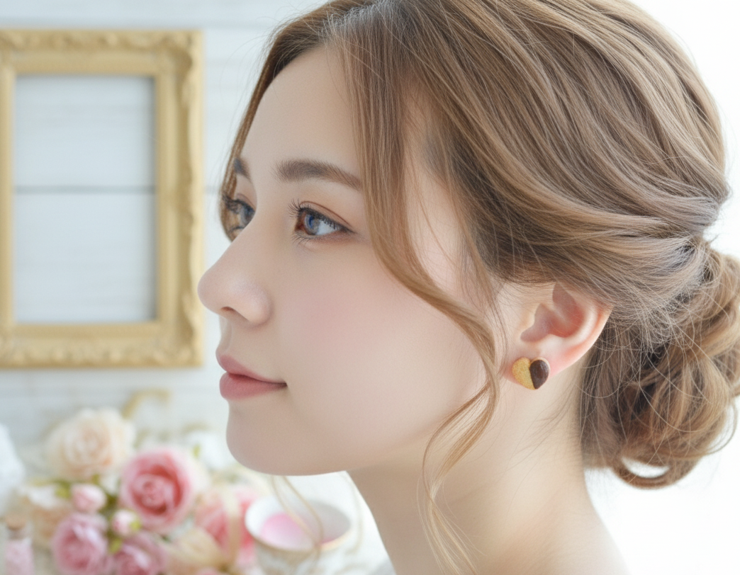 Woman wearing a heart-shaped chocolate dipped shortbread cookie earring with a blurred background