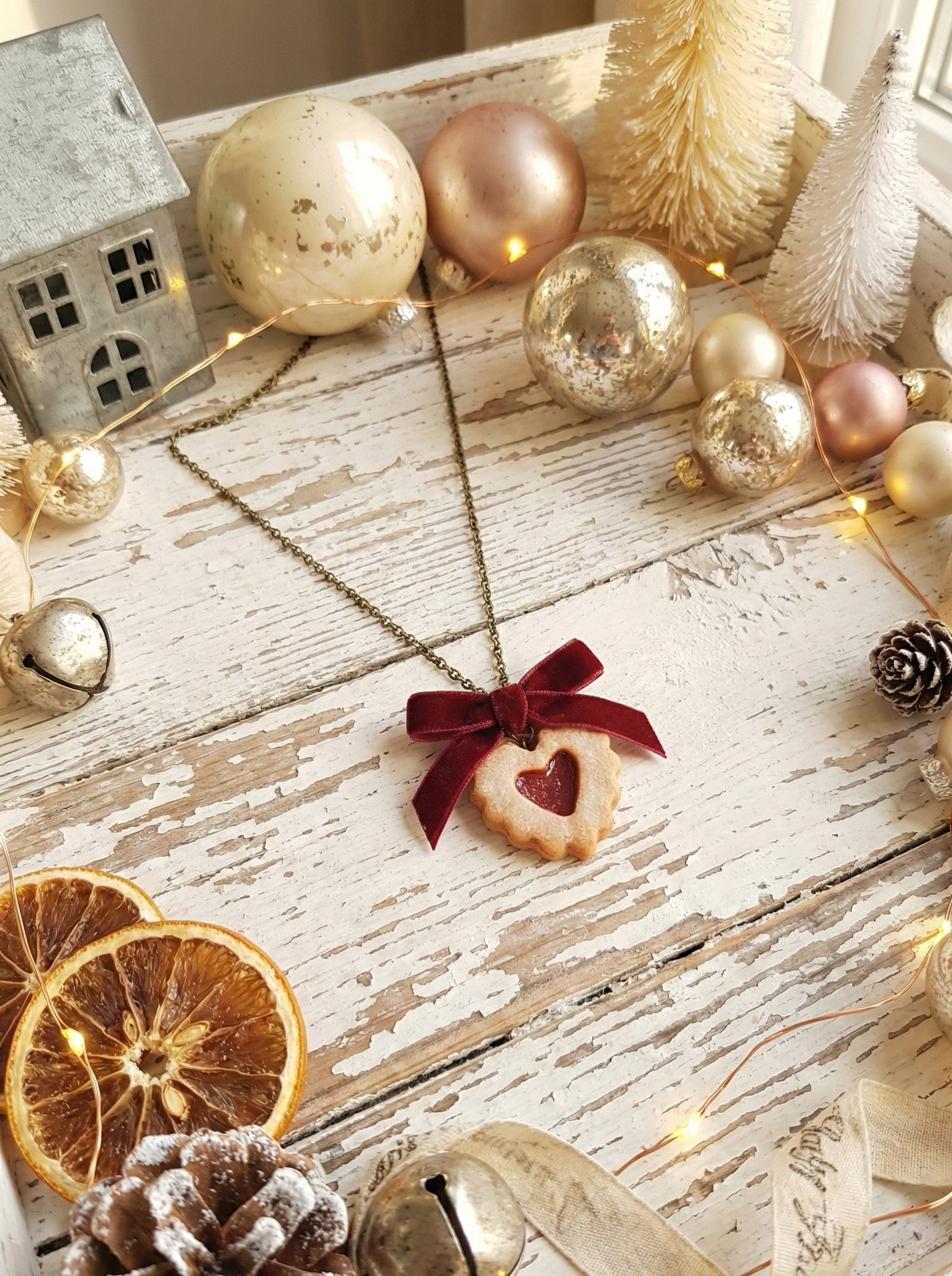 Polymer clay Linzer Cookie Necklace with a heart pendant on a wooden surface with Christmas decorations