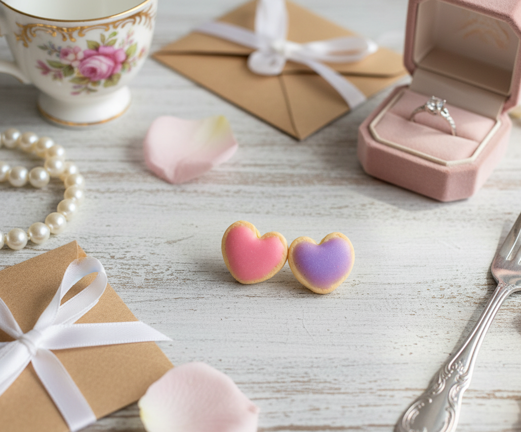 Heart-shaped  sugar cookie earrings on a wooden surface with a teacup, gift box, and fork in the background.