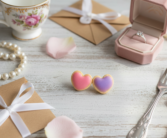 Heart-shaped  sugar cookie earrings on a wooden surface with a teacup, gift box, and fork in the background.