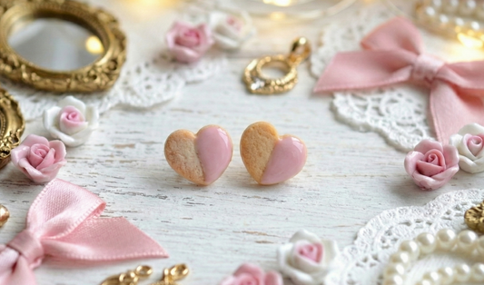 Heart-shaped cookies with pink and gold accents on a decorative surface with flowers and ribbons.