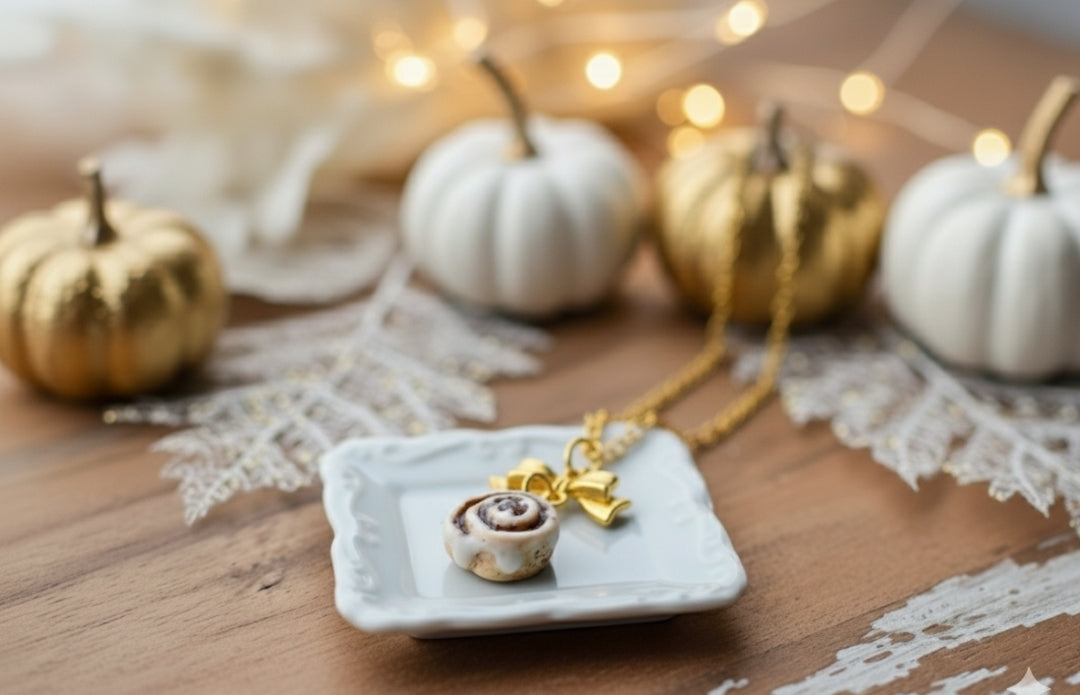 Scented Cinnamon Roll Silver Bow Necklace - Decadent Minis
