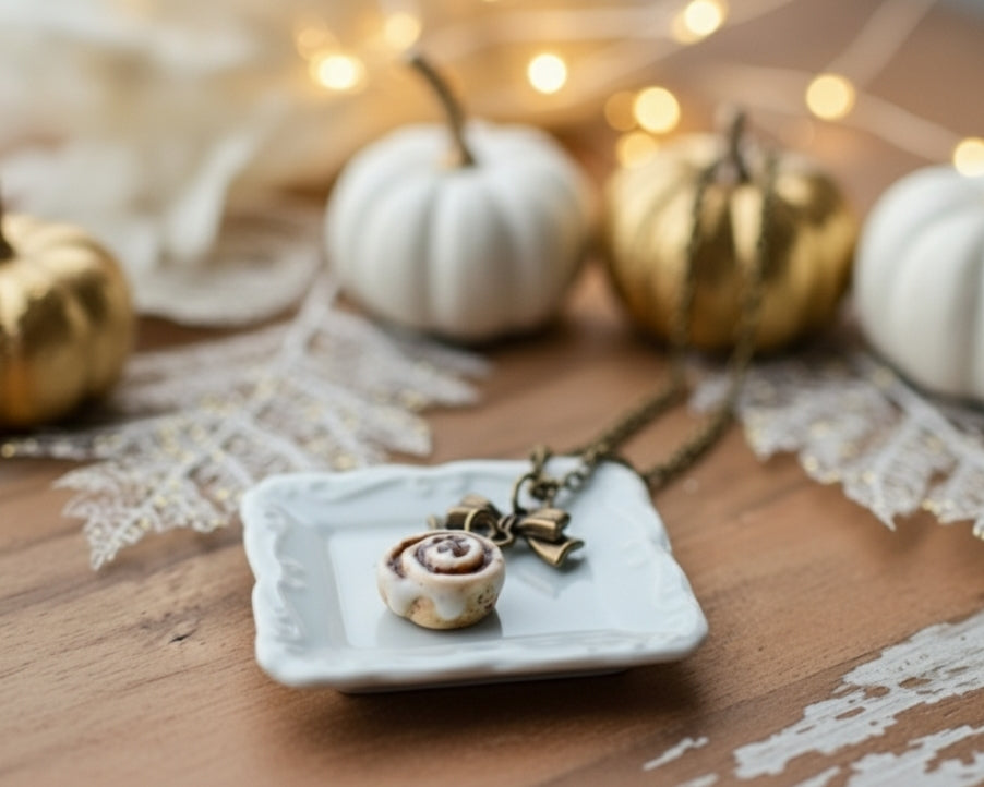 Scented Cinnamon Roll Silver Bow Necklace - Decadent Minis