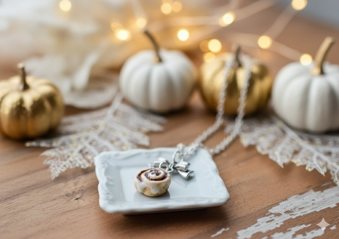 Scented Cinnamon Roll Silver Bow Necklace - Decadent Minis