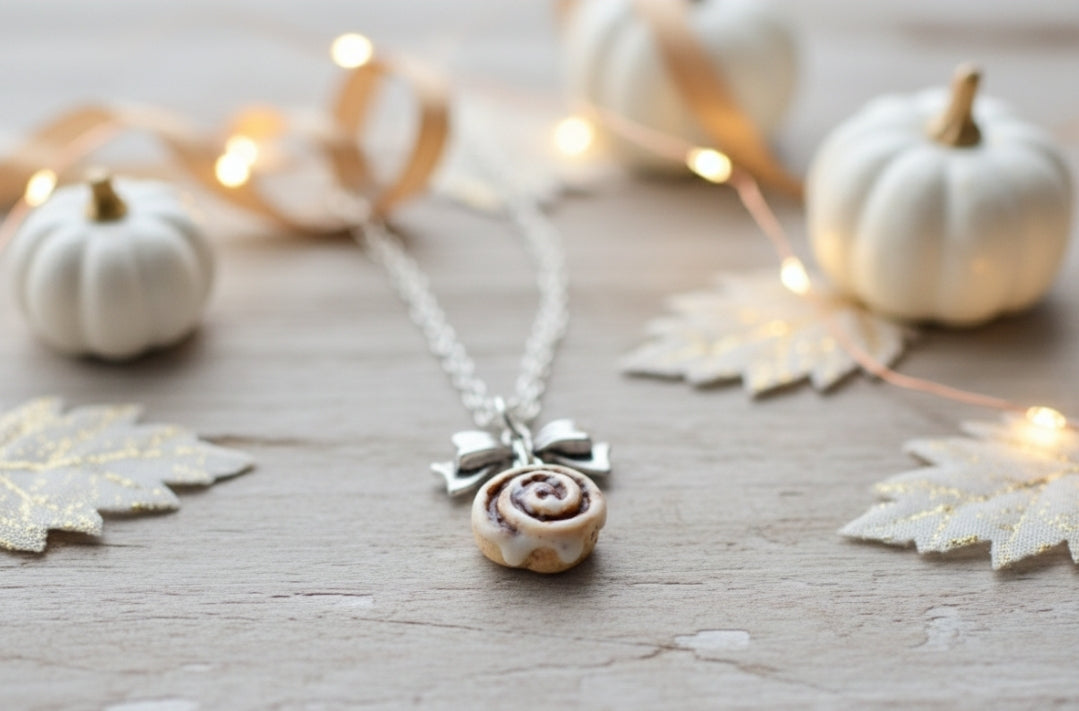 Scented Cinnamon Roll Silver Bow Necklace - Decadent Minis