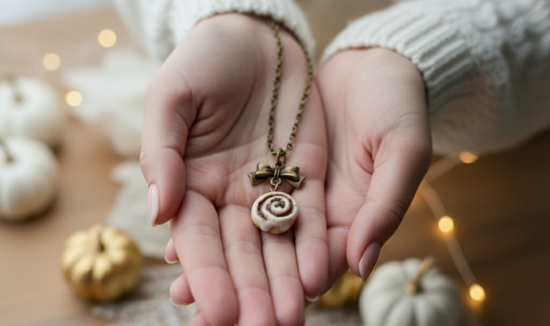 Scented Cinnamon Roll Silver Bow Necklace - Decadent Minis