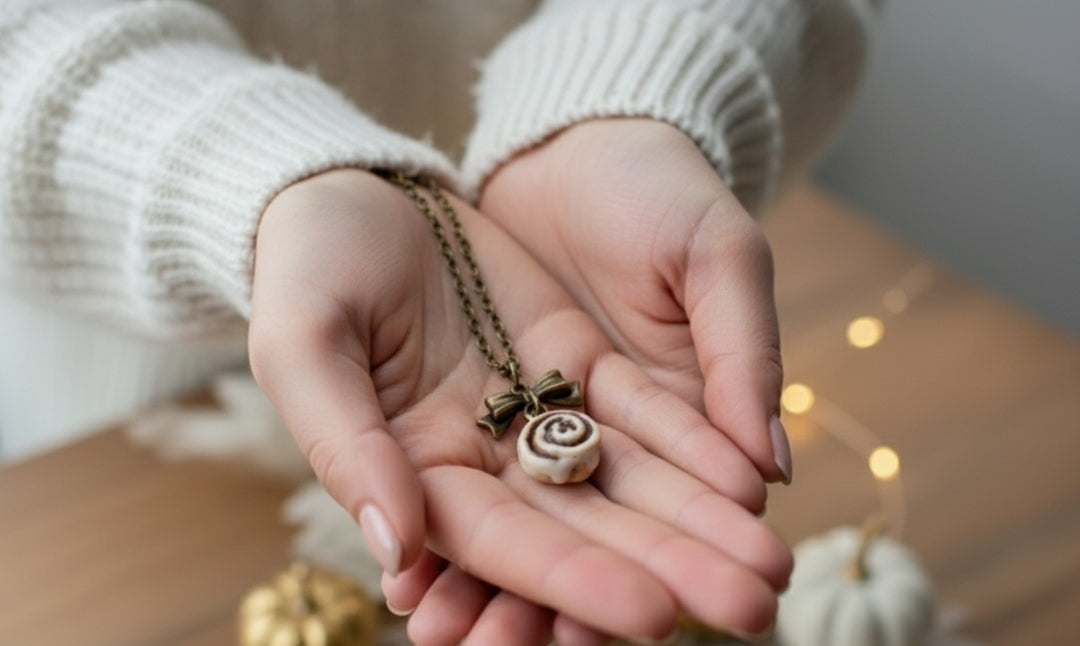 Scented Cinnamon Roll Silver Bow Necklace - Decadent Minis
