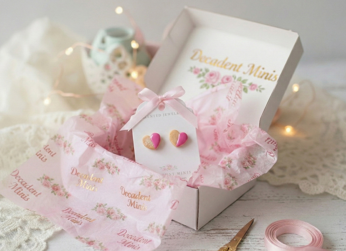 Heart-shaped shortbread cookie earrings in a decorative box with 'Dearest Mom' text, surrounded by lace and ribbons.