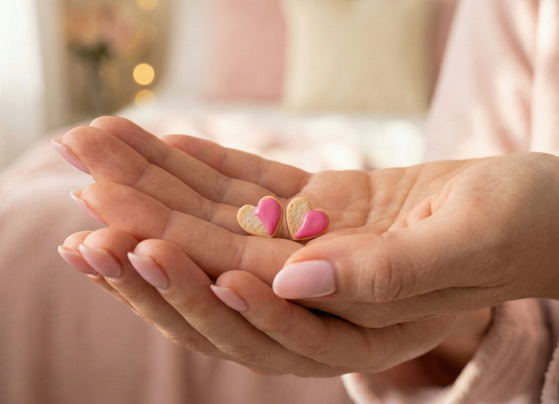 Heart-shaped earrings held in a person's hands with a blurred background