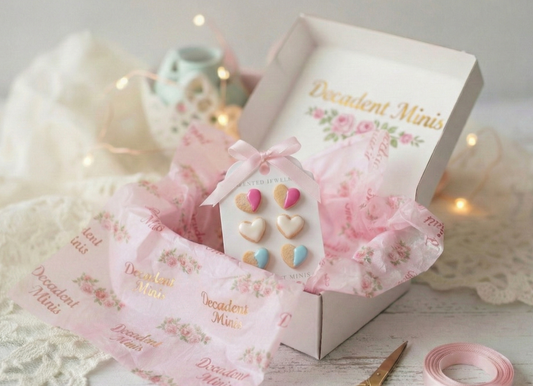 Decorative box with heart-shaped cookies and pink ribbon on a lace tablecloth.