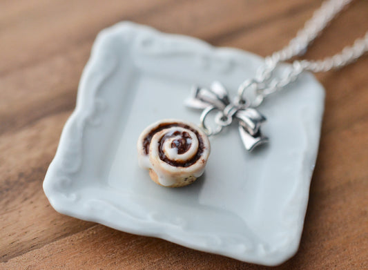 Scented Cinnamon Roll Silver Bow Necklace - Decadent Minis