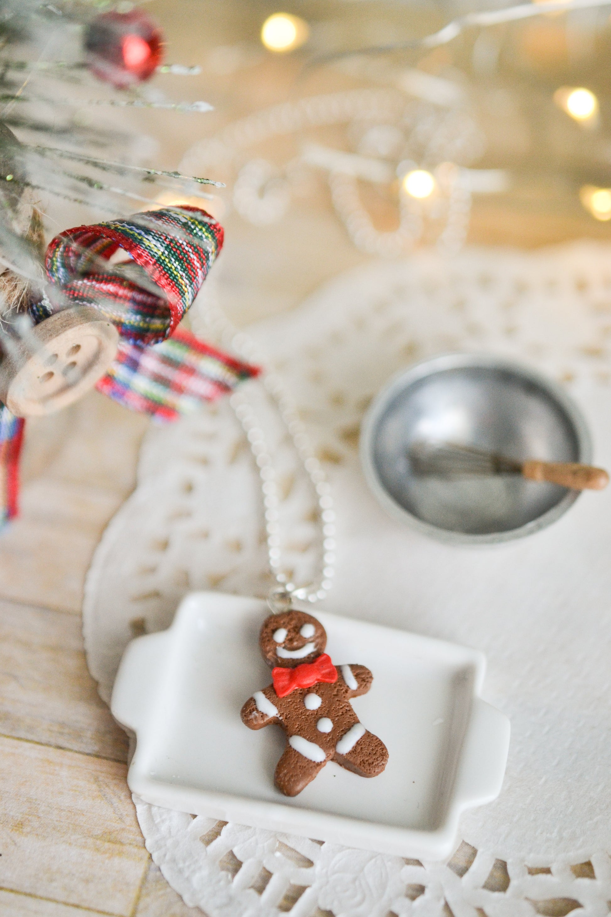 Scented Gingerbread Man Necklace - Red Christmas Bow - Decadent Minis