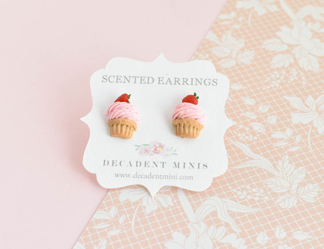 Scented Strawberry Cupcake Stud Earrings - Decadent Minis