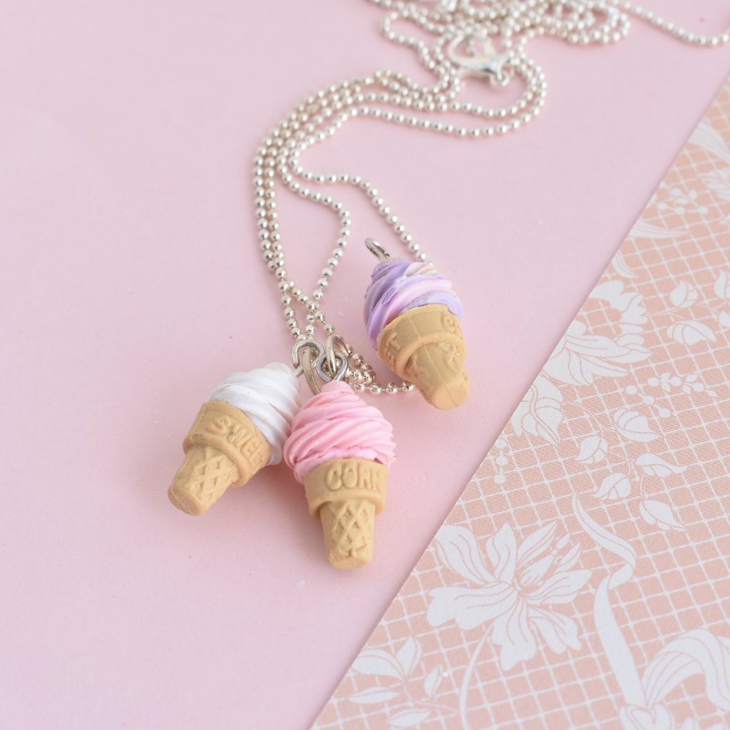 Scented Strawberry Soft Serve Ice Cream Cone Necklace - Decadent Minis