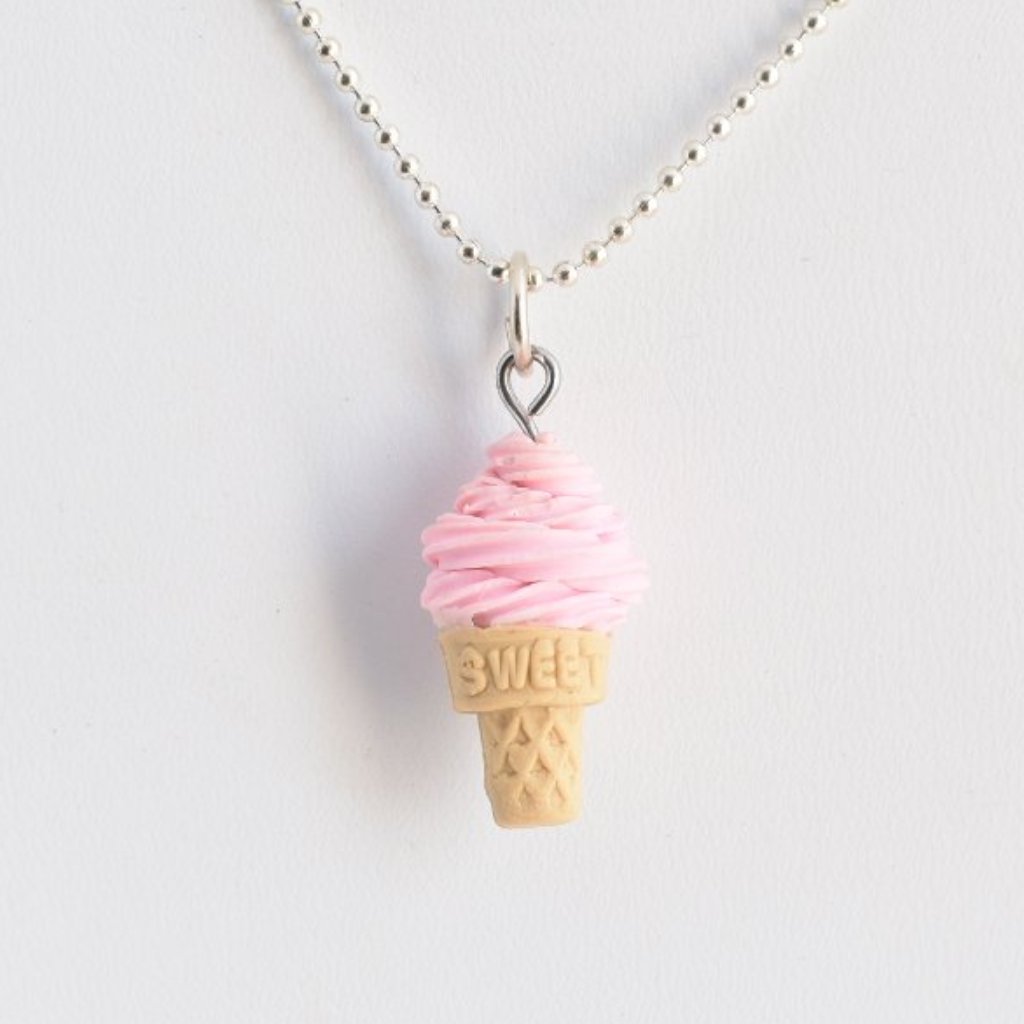 Scented Strawberry Soft Serve Ice Cream Cone Necklace - Decadent Minis