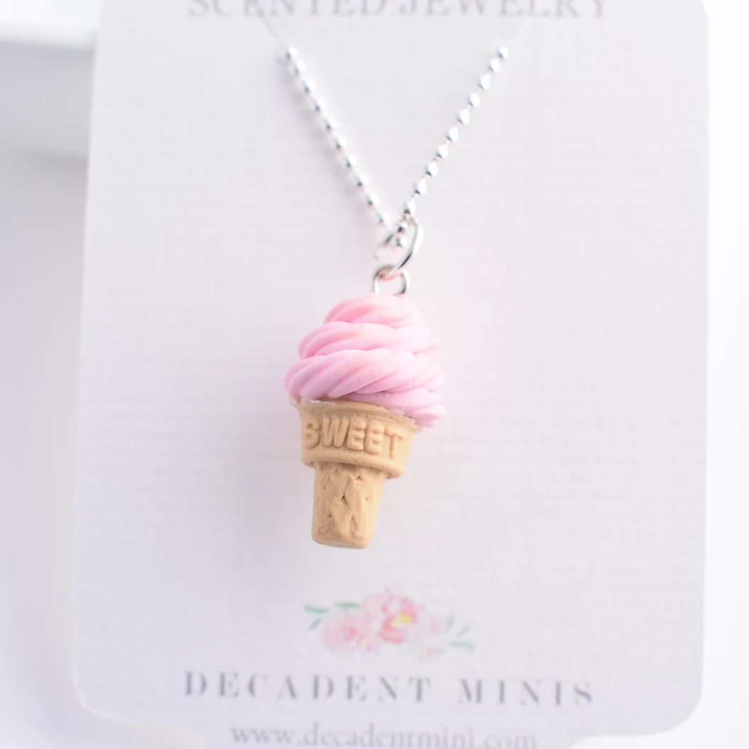 Scented Strawberry Soft Serve Ice Cream Cone Necklace - Decadent Minis