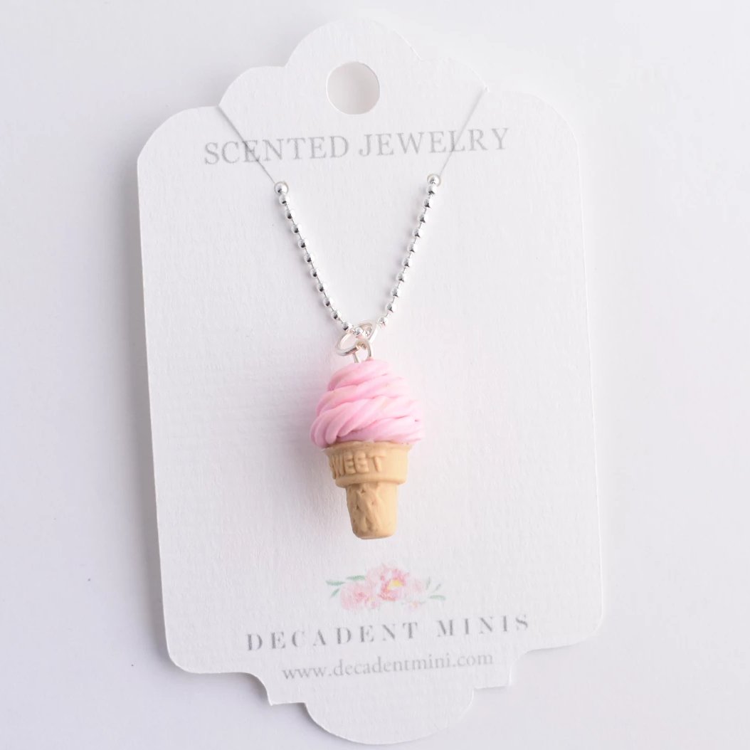 Scented Strawberry Soft Serve Ice Cream Cone Necklace - Decadent Minis
