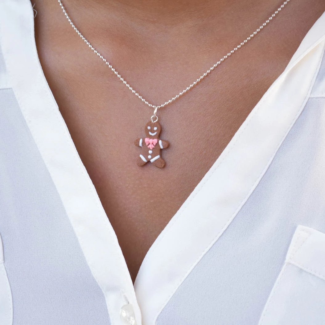 Scented Gingerbread Man Necklace - Pink Christmas Bow - Decadent Minis