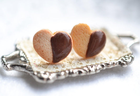 Heart shaped chocolate dipped shortbread cookie earrings - Decadent Minis